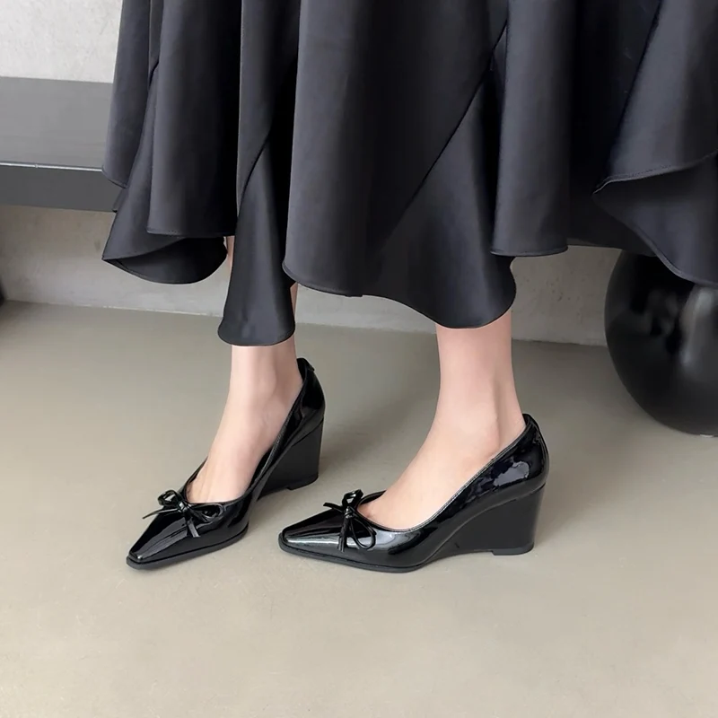 7cm Burgundy Heels For Woman Pionted Toe Bow Chunky Shoes Black Patent Leather Wedges Heel Ladies Pumps Fall Elegan Female Shoes
