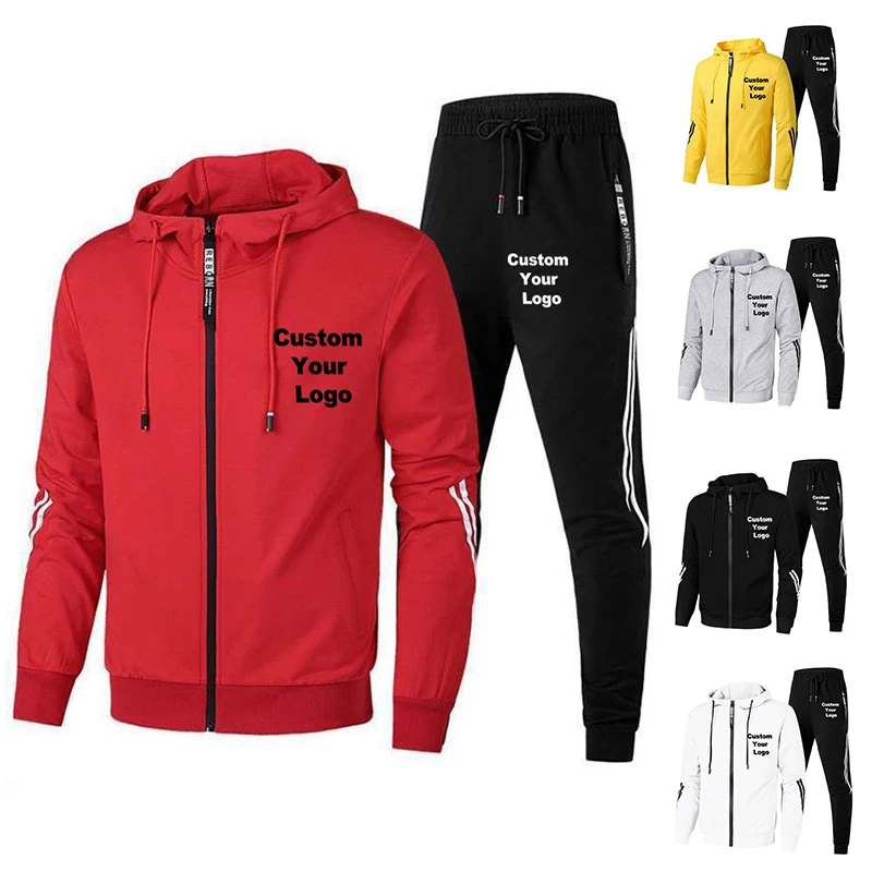Fashion Custom Logo Men\'s Jacket Suits Autumn Zipper Design Coat and Sweatpant 2 Pcs Sets Casual Outdoor Male Tracksuit