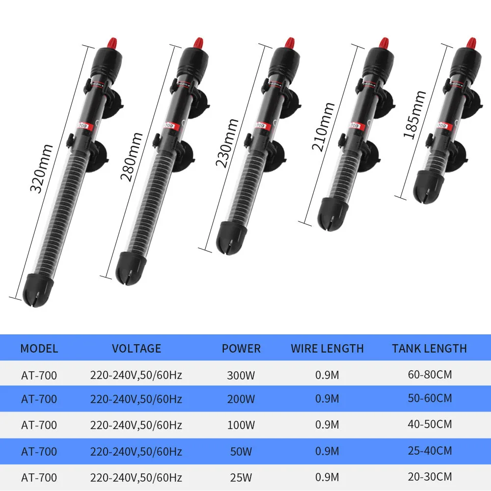 25W/50W/100W/200W/300W Aquarium Submersible Fish Tank Adjustable Water Heater Constant Temperature Heating Rod EU/US Plug