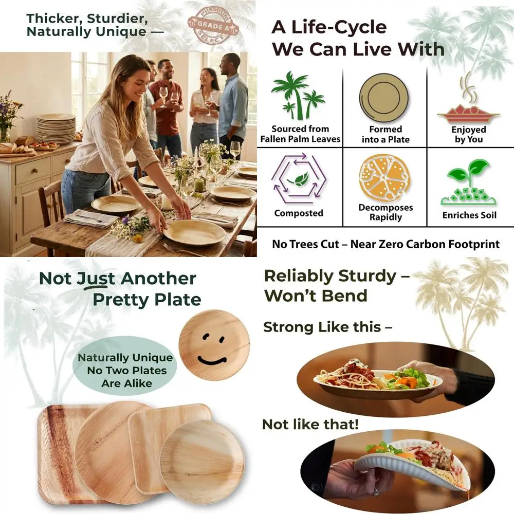 

8 Inch Square Heavy-Duty Biodegradable Plates - Eco-Friendly Alternative to Bamboo or Paper Plates for Parties, Weddings, and Ca
