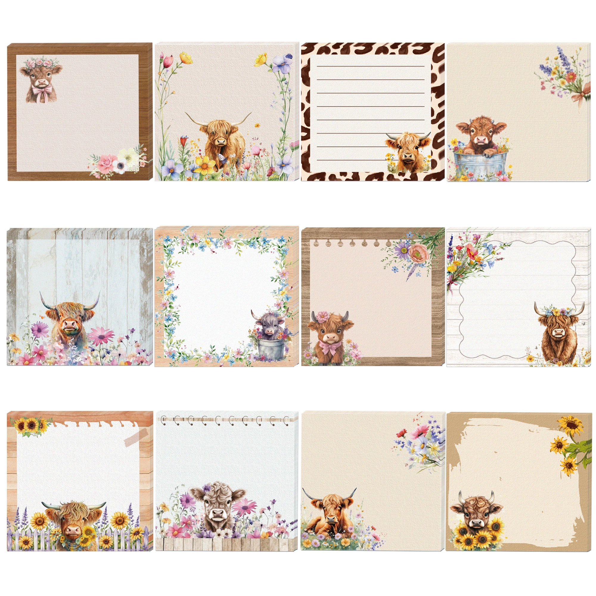 

12/24/36pcs Highland Cattle Sticky Notes Set, Self-Stick Notes Pads, Writing Memo Pads for Kids Gifts Home Use Party Supplies