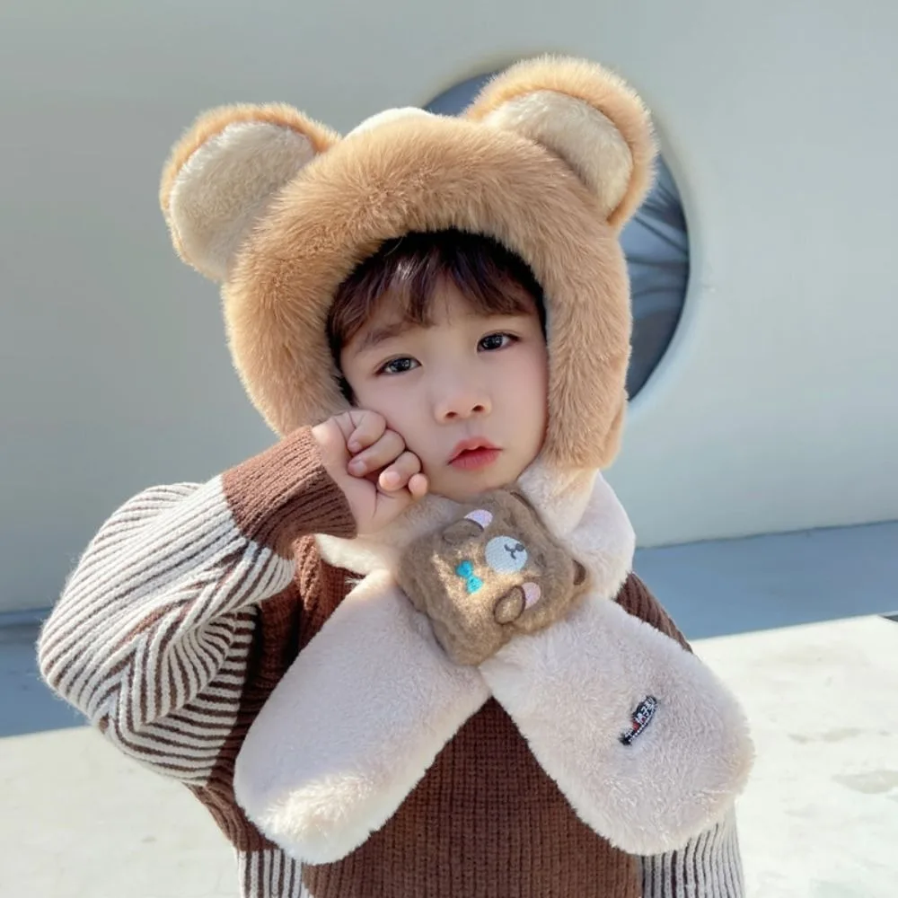 

Solid Color Bear Plush Hat Fashion Design With Mask&Scarf Children Fleece Hat Muffler Korean Style Plush Hat with Scarf