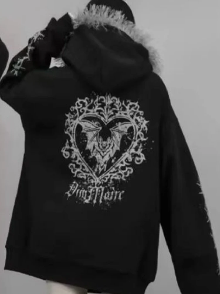 الخريف القوطية الأمريكية الرجعية قلنسوة بسحاب سترة المرأة التطريز إلكتروني تصميم البلوز Harajuku 2000s الملابس الدافئة #2