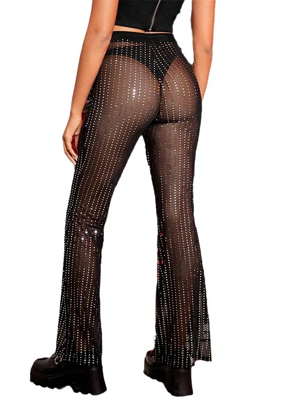 

Faionable High-Waist Glittering Diamond Lace Bell Bot Pants for Women Cross-Border New Arrival Sexy Cleanfit PVC Cotton
