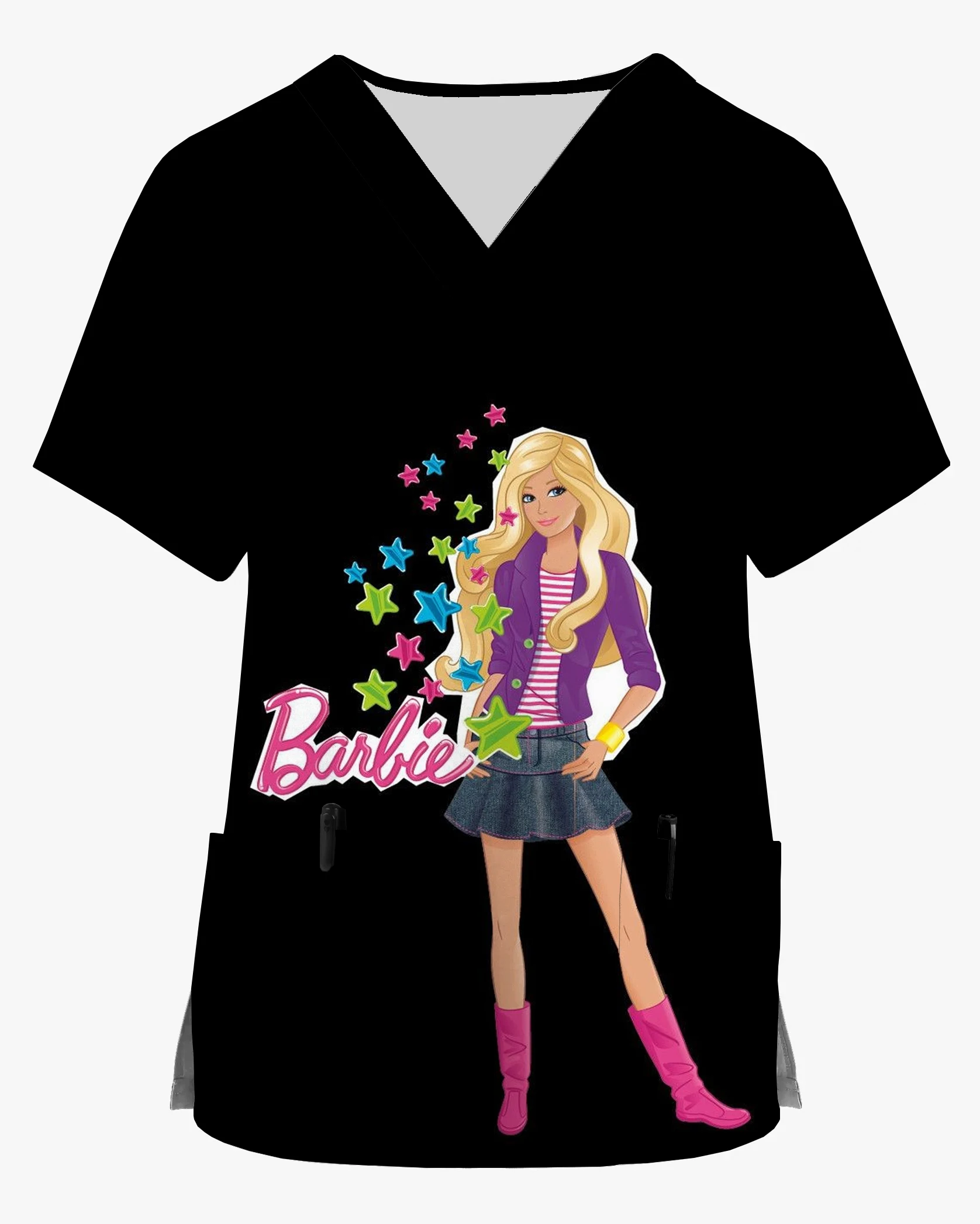 Summer Women's Clothing Barbie Princess Short Sleeve V-Neck Print Scrub Top Fashion Uniform Short Sleeve Doctor Nurse New Style