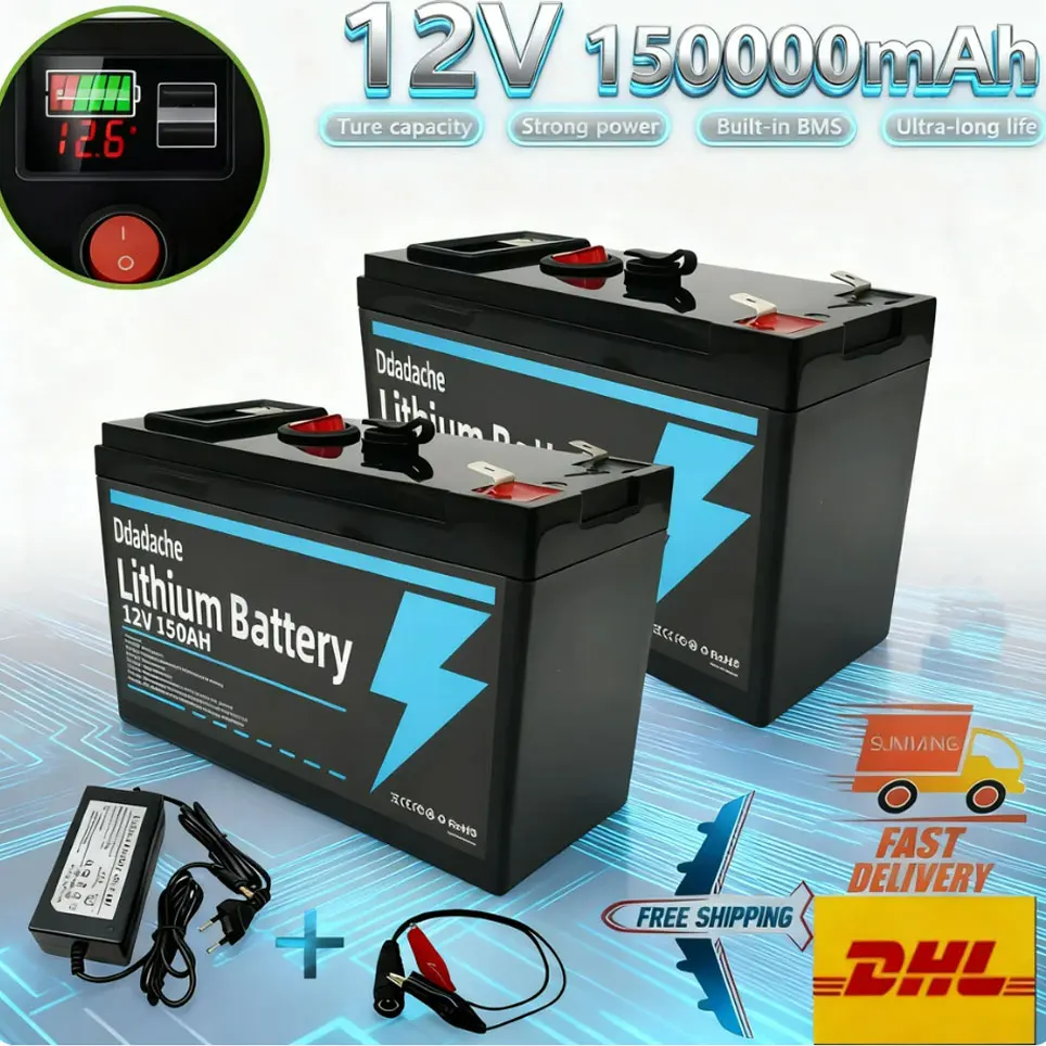 Batterie lithium-ion LiFePO4 12V 150Ah, utilisée pour les systèmes d'alimentation sans interruption (UPS), les camping-cars, les bateaux, les kayaks, les panneaux solaires, les jouets à roues électriques, les batteries de scooters.