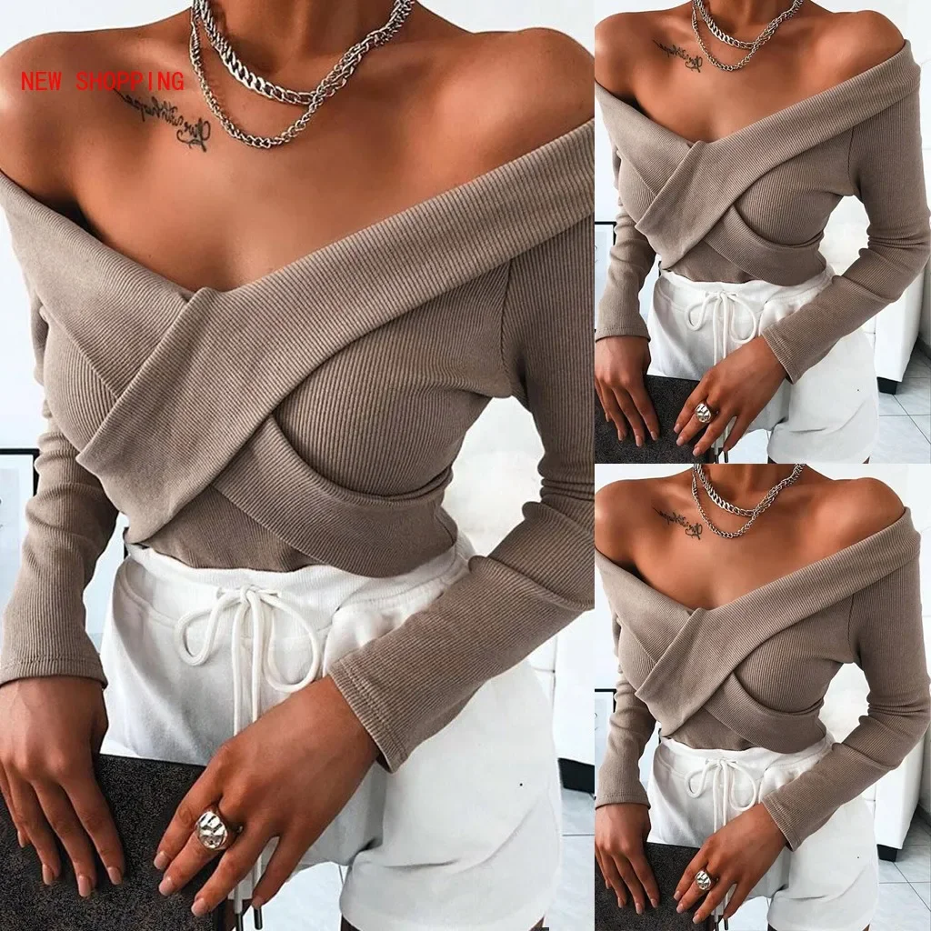 Women Khaki Fall Fashion Long Sleeve Solid Color V-Neck Off Shoulder Slim Pullovers Chic Sexy Party Club Sweater Tops Pull Femme