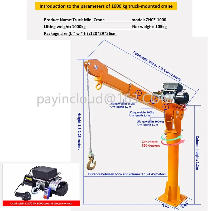 Remote Control Mobile Jib Mounted Pickup Arm Lift Small Mini Crane 500kg Truck Cranes Portable Electric Hoist