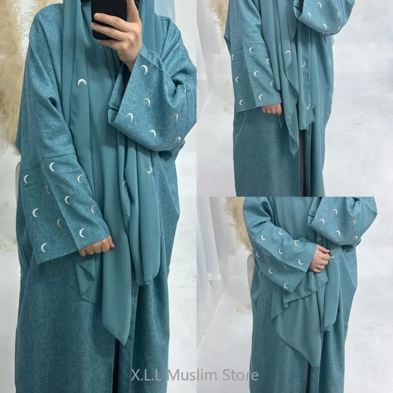 Eid Moon Emroidery Open Abaya One Piece Without Hijab Muslim Sets For Women Islam Modest Loose Kimono Outwear Clothing For Party