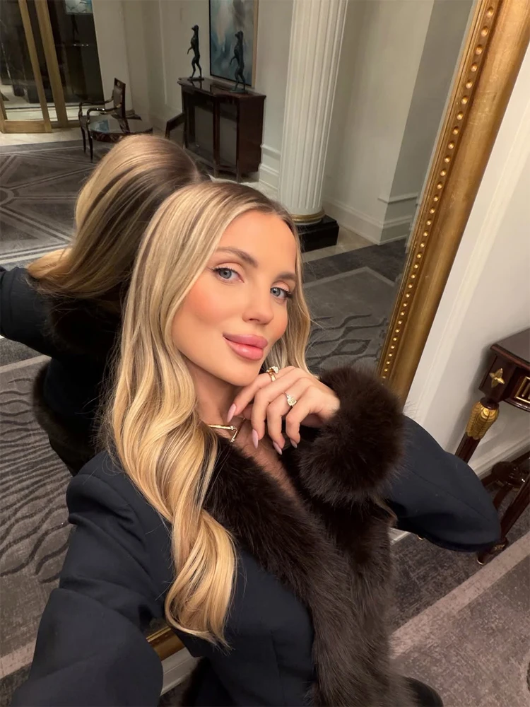 Women Faux Fur Patchwork Skirt Set  V-neck Long Sleeve Waist-cinching Jacket Mini Skirts Suit Female Commute 2026 Fashion Outfit