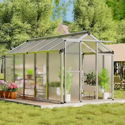 6x10 FT Greenhouse, Outdoor Sliding Door, Polycarbonate Greenhouse with Aluminum Frame, Lockable Door and Ajustable