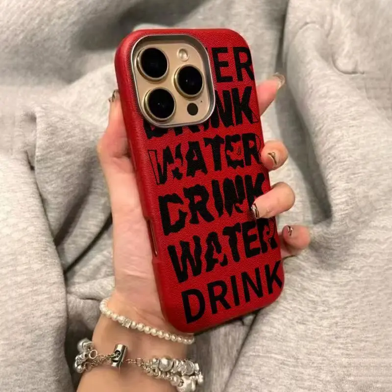 DRINK WATER lns Minimalist Black English letter Case For iPhone 17 Air 16 15 14 13 12 11 Pro Max Classic leather Cover