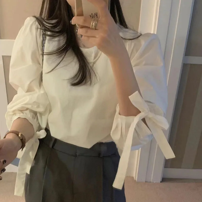 Chic Spring 2023 Women's Loose Casual round Ne White irt  Knot Sve Tops Korean Sle Commute Pure Color
