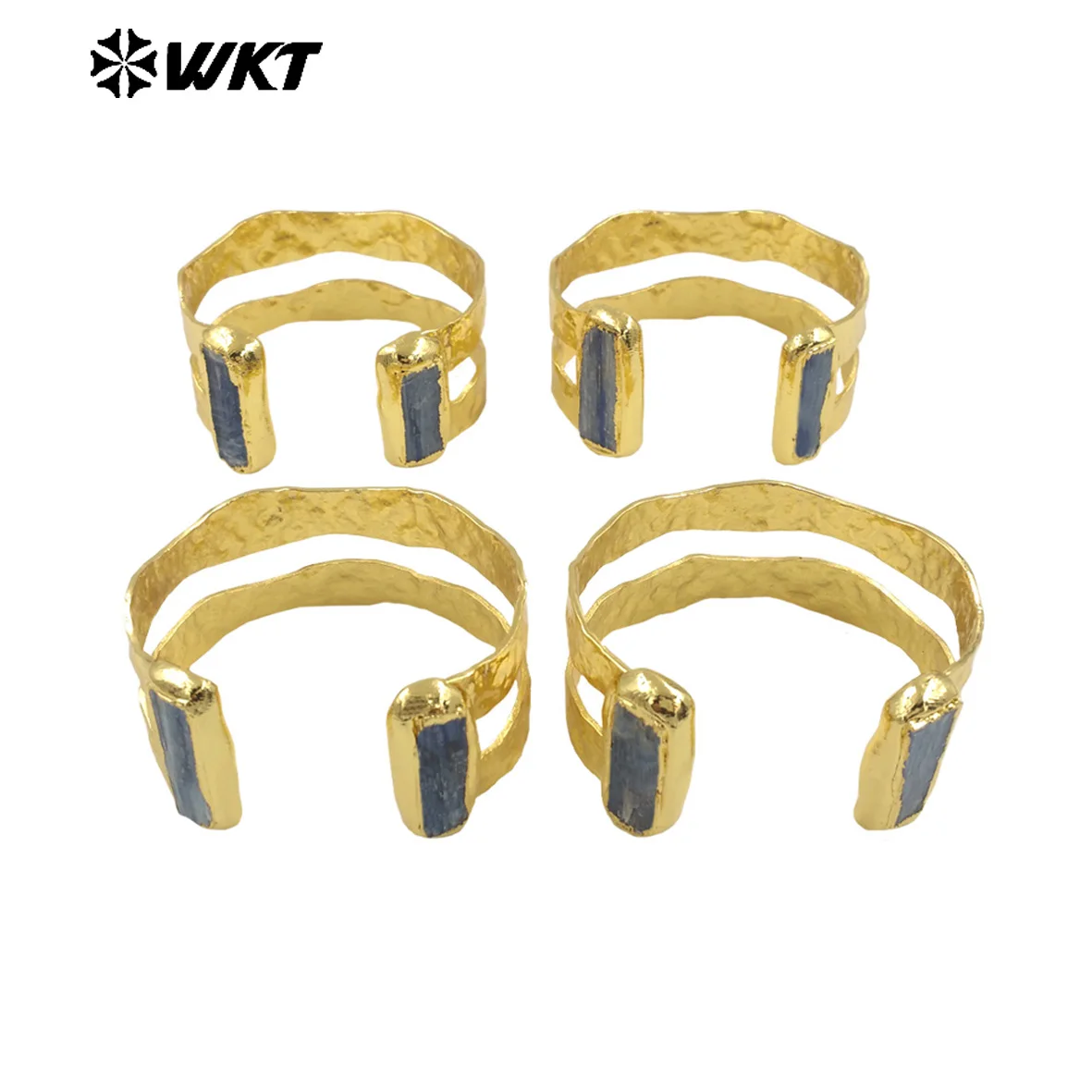 WT-B665 Wholesale Fashion 18K Real Gold Plated Resist Tarnishable Natural Blue Kyanite Stone Bangle In Adjustable Size