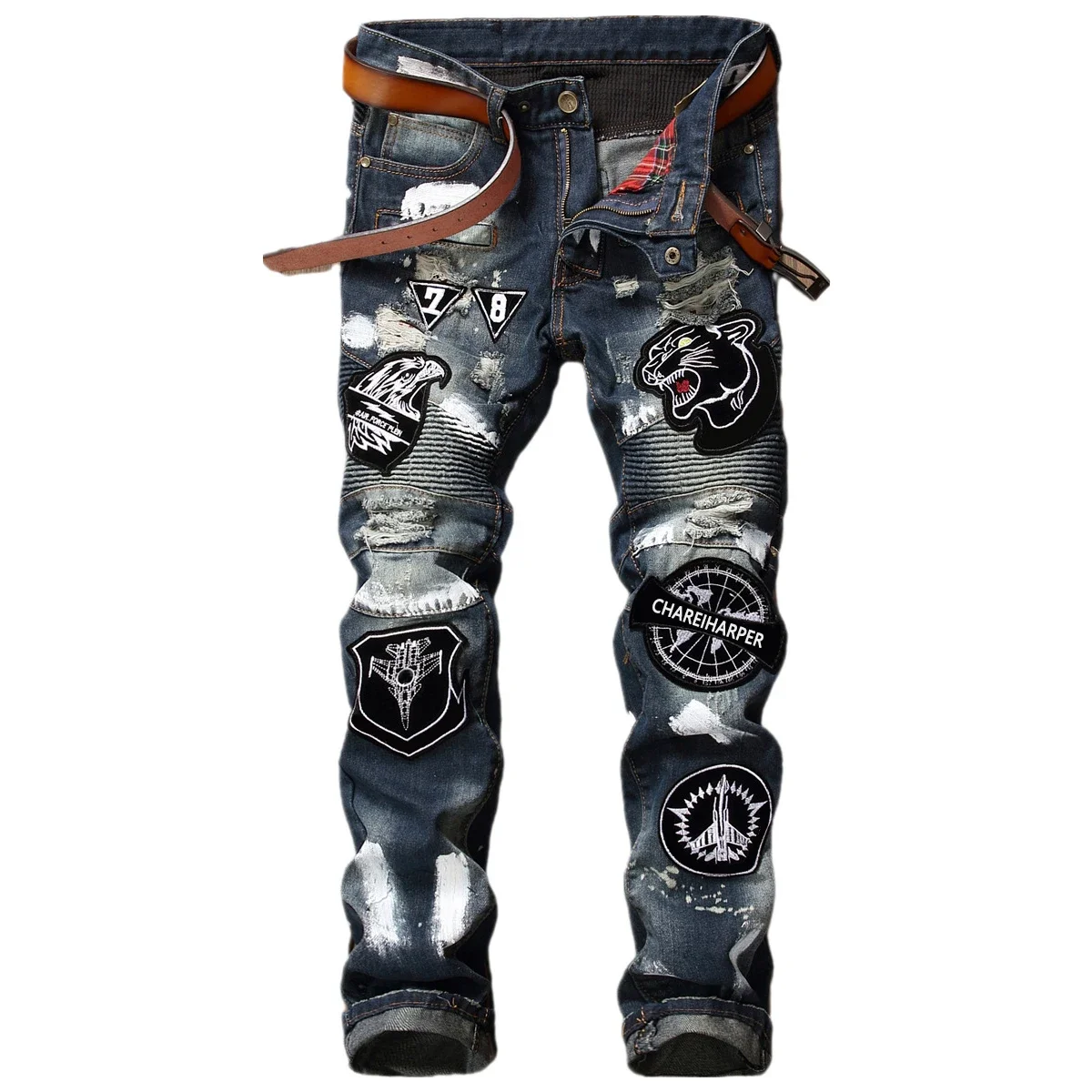 chareiharper 001-2  plus size Embroidered ripped jeans men\'s badge Hand painted men\'s pants trend pleated patchwork motorcycle