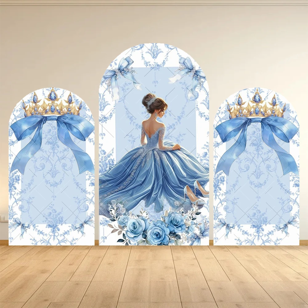 Arche de fond pour fête de 15 ans de fille, thème Princesse Bleue, Couronne, Papillon, Fleur, Décoration de fête, Accessoires de fond photographique