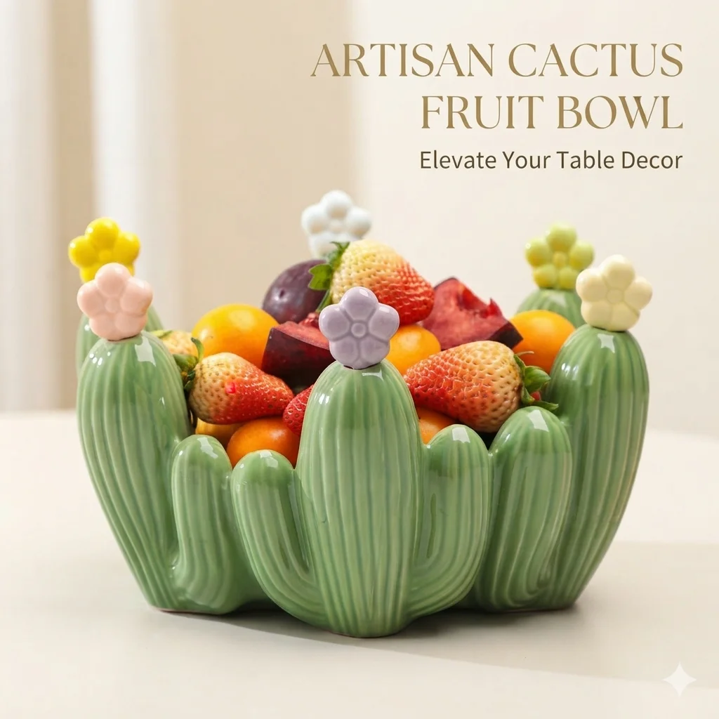Nordic Style Cute Cactus Shaped Green Ceramic Fruit Bowl With Fruit Fork Storage For Living Room Coffee Table Home Decor