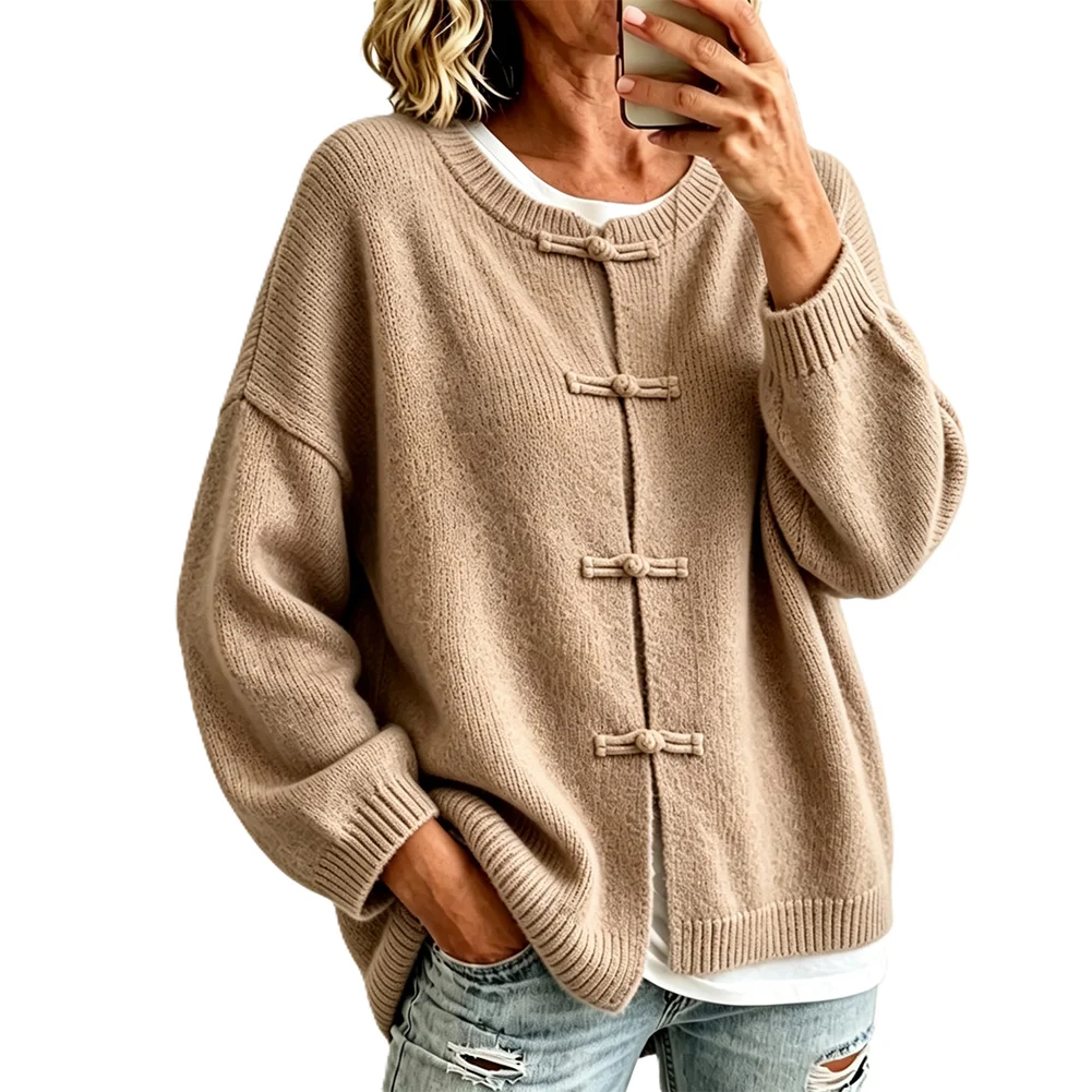 Women's Solid Knit Cardigan with Frog Button Front Made from Polyester Fabric for Spring and Winter Casual Use