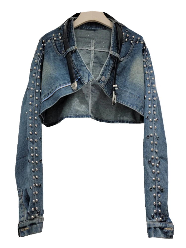 Turn-down Collar Long Sleeve Heavy Industry Bead Sweet Cool Denim Shawl Girl Versatile Short Loose Sexy Street Blouse Jacket