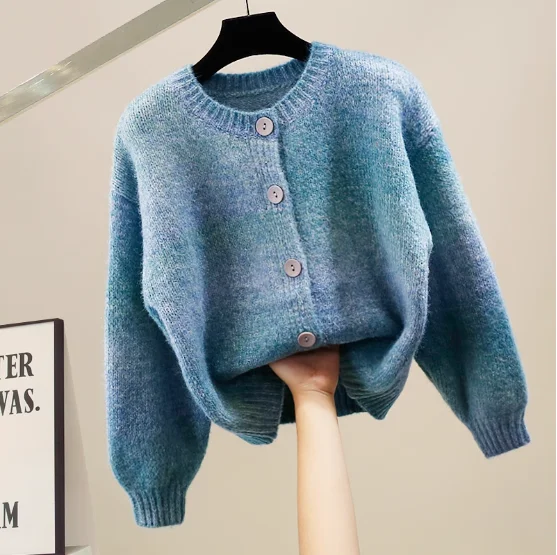 Gradual Change Color Knitted Cardigan Women Spring Winter Korean Version Short Green Sweater Long Sleeve Knitwear Tide