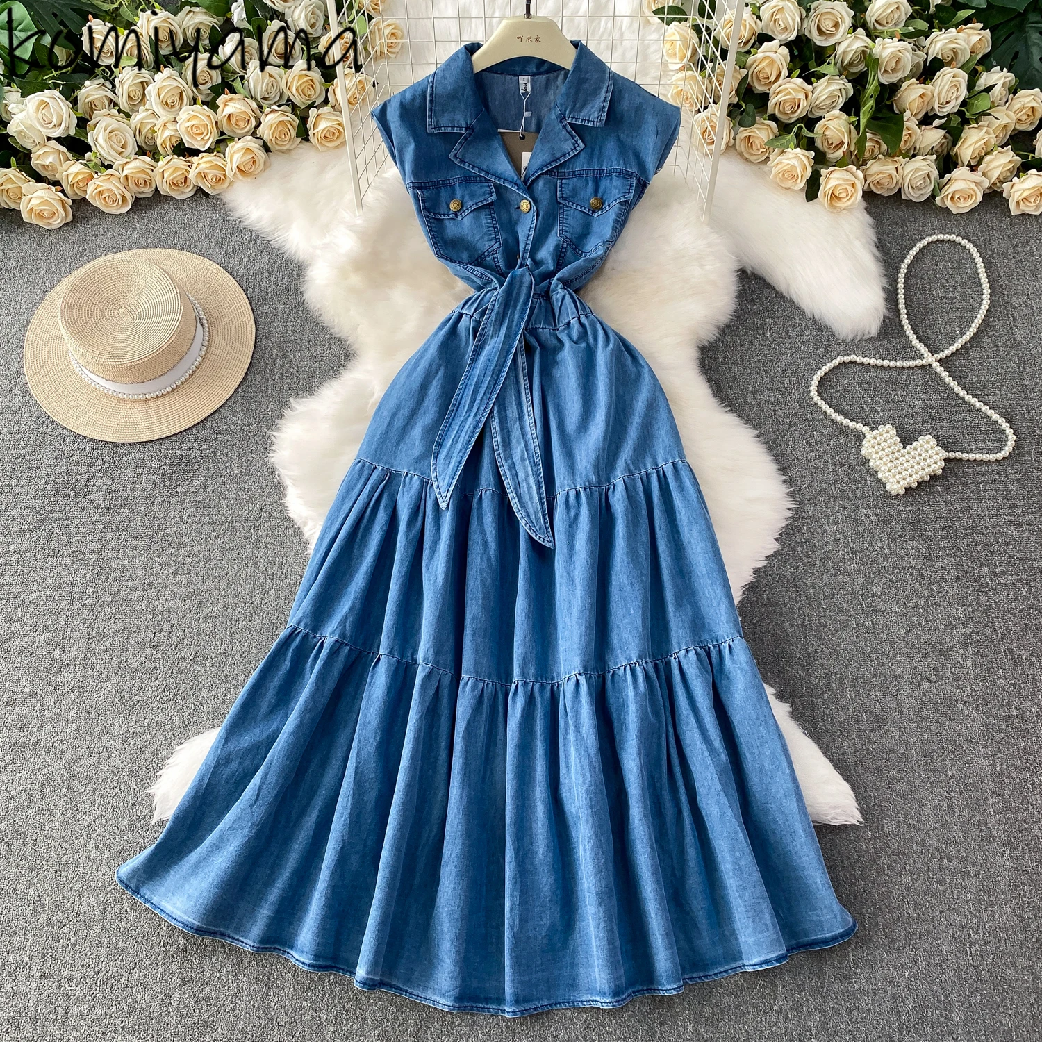 

2025 Summer Denim Vestidos High Waist Pleated Woman Dress Bandage Tunic Dresses Ruffles Robe New Suit Collar Ropa De Mujer
