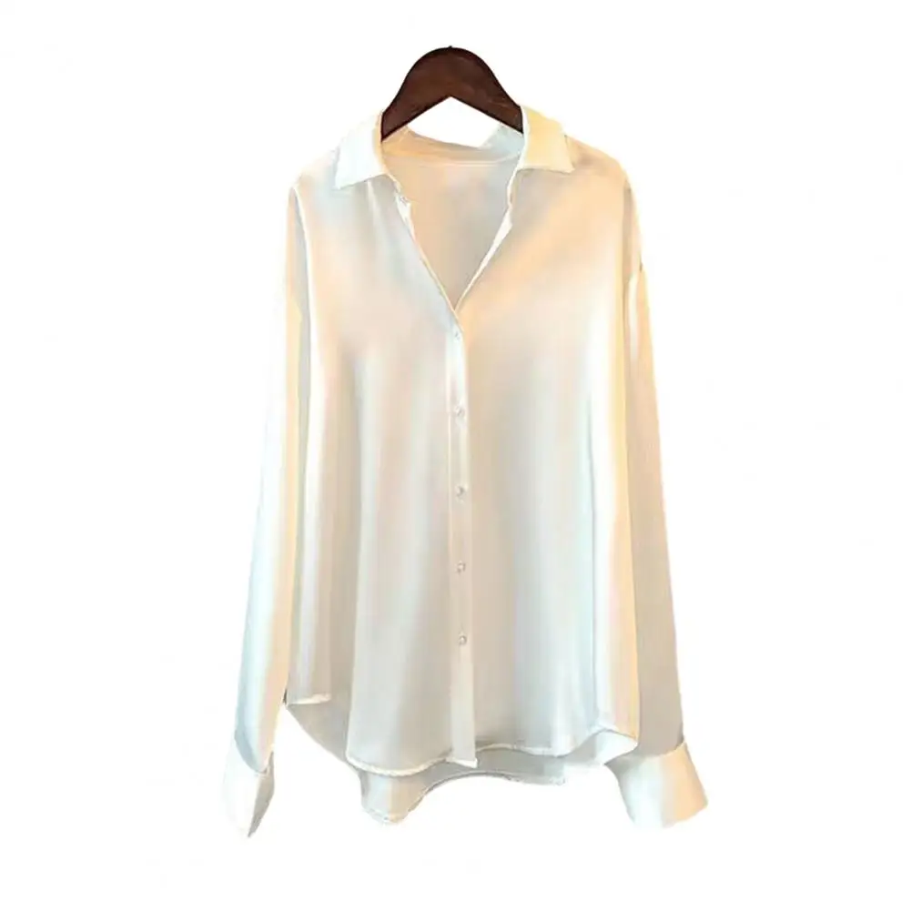 

Breathable Autumn Top Elegant Silky Satin Women's Spring Fall Shirt with Turn-down Collar Long Sleeve Single-breasted for Formal