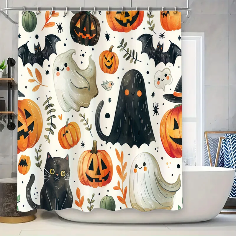 Halloween-themed shower curtain featuring spooky ghosts and ghouls perfect for your haunted house!