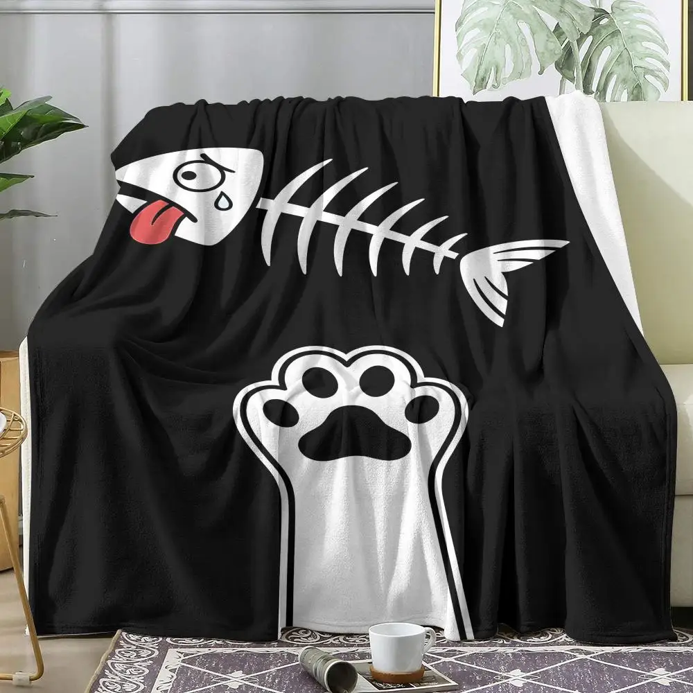 Cat Eating Fish Throw Soft Flannel AC Blanket Lightweight Summer Nap Throw Cozy  Blanket for Sofa Bed Travel Home