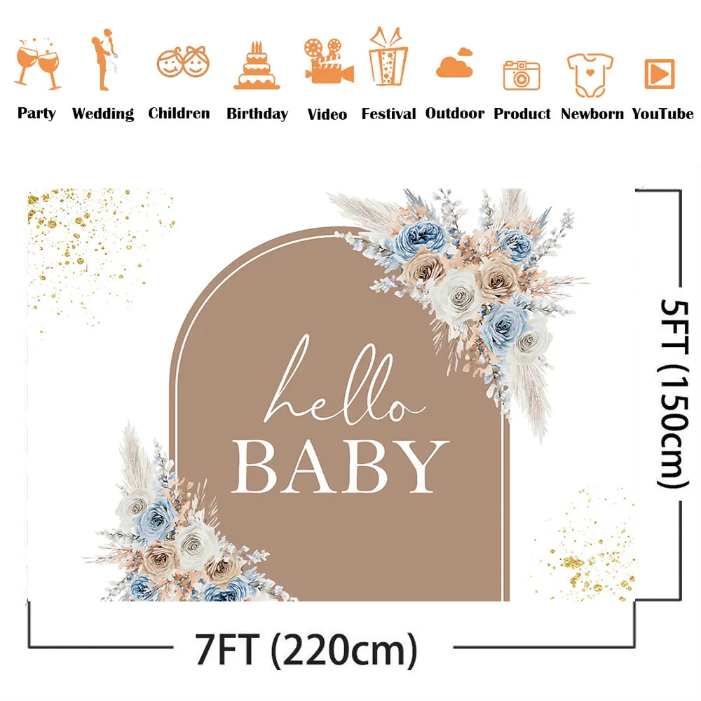 Telón de fondo de Hello Boho para bebé, flores azules, oro, purpurina, puntos brillantes, Fondo de foto, sesión fotográfica, decoraciones de fiesta de tema de Baby Shower
