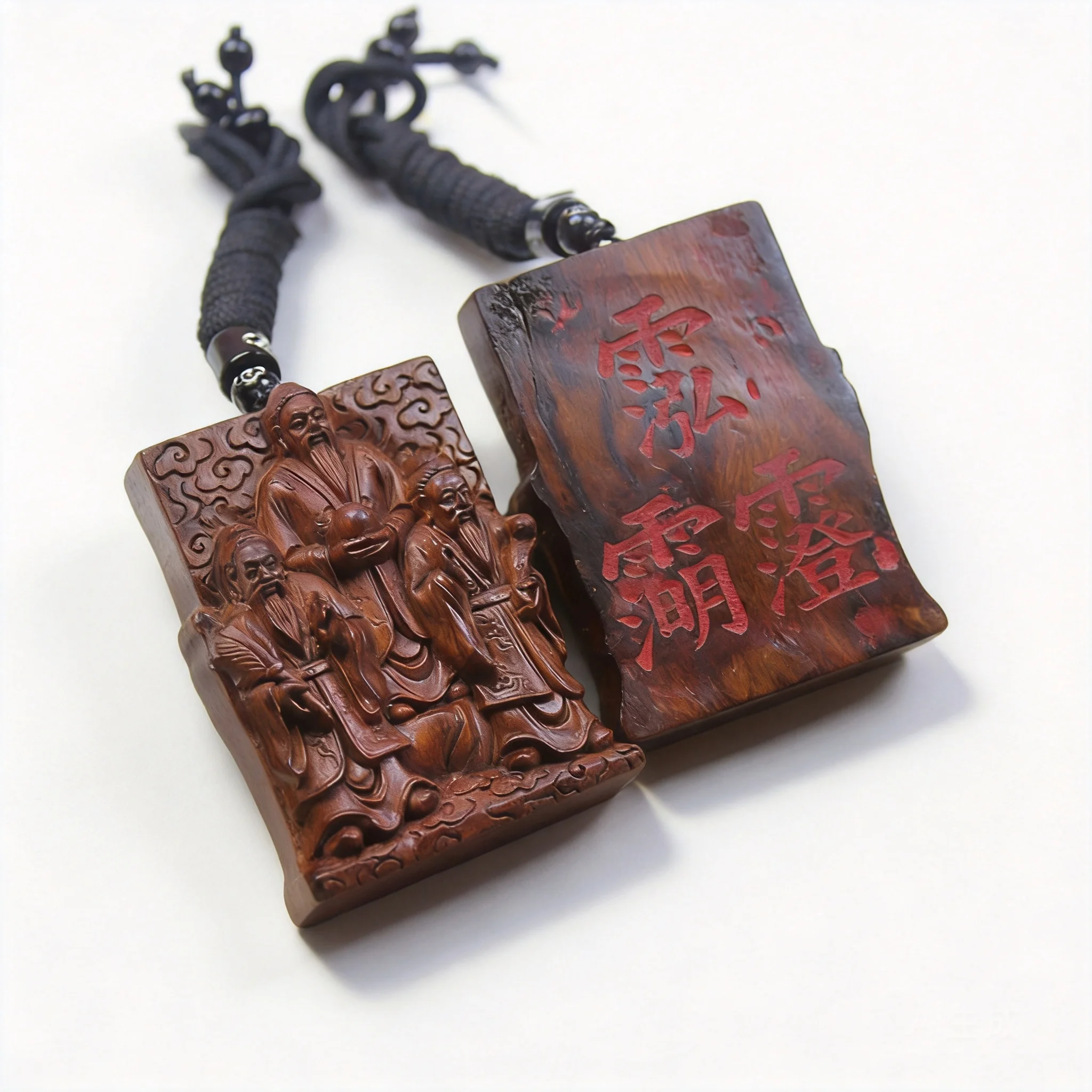 Thunder Struck Jujube Wood Hand Carved Three Pure Ones Taoist Pendant Cinnabar Inscribed Good Luck Blessing Wealth Protection