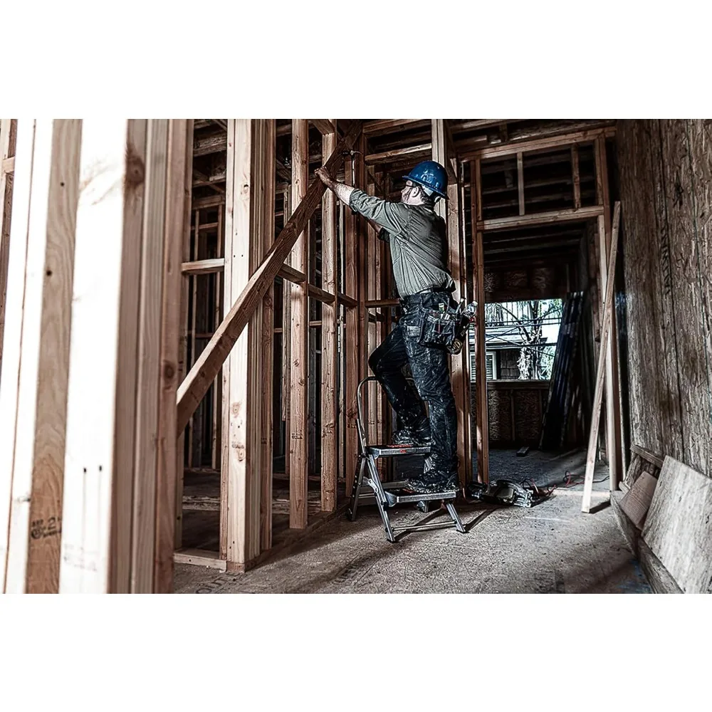 アルミニウム製2段折りたたみはしご、2フィート、耐荷重300ポンド、タイプ1A、安全ステップスツール、グレー、頑丈、コンパクト収納、簡単