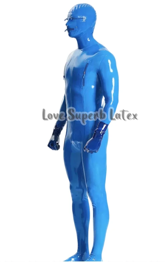 Full Cover Latex Catsuit Attached Hood Black Gloves Socks Back T Zip Eyes Mouth Breast Zipper Catsuit Bodysuit Halloween Party