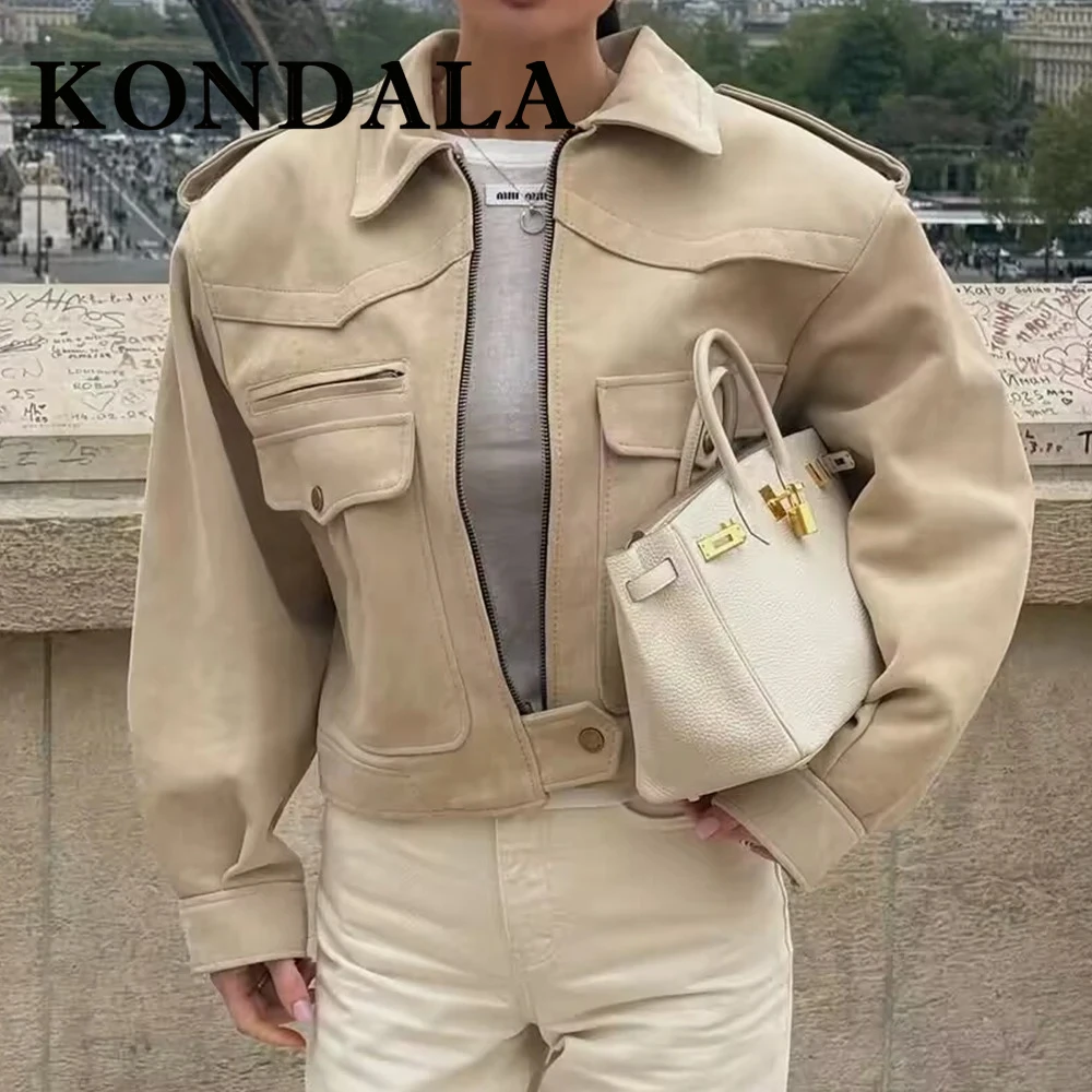 KONDALA Chic Beige Streetwear Women Outwear Zipper High Street Blazer Turn-down Collar Pockets Fashion 2025 Autumn Cool Jacket
