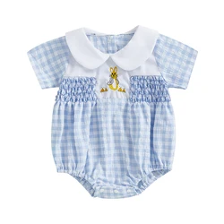 Baby Girls Rompers Easter Clothes Rabbit Embroidery Plaid Doll Collar Short Sleeve Infant Bodysuits Jumpsuits