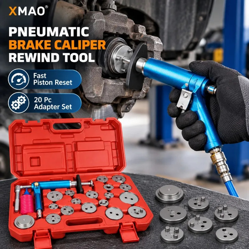 Pneumatic Brake Caliper Rewind Tool Kit 20Pc Disc Brake Piston Compressor Adapter Set for Auto Repair Maintenance Tool Kit