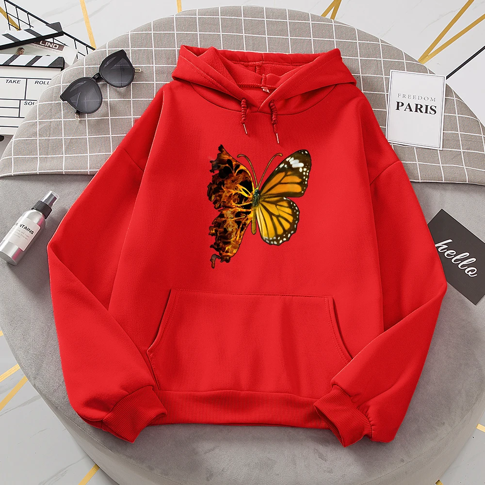 Flaming Butterfly Wings Hoodies Women Fashion Novelty All Match Hoodie Classic Trend New Clothes Loose O-Neck Fleece Sweatshirt