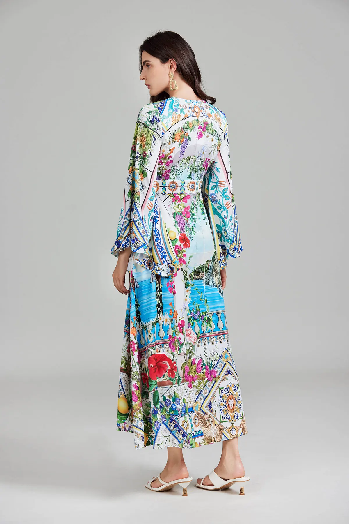 New Autumn Runway Gorgeous Flower Holiday Maxi Clothes Women\'s V Neck Flare Sleeve High Waist Flower Print Boho Long Dress