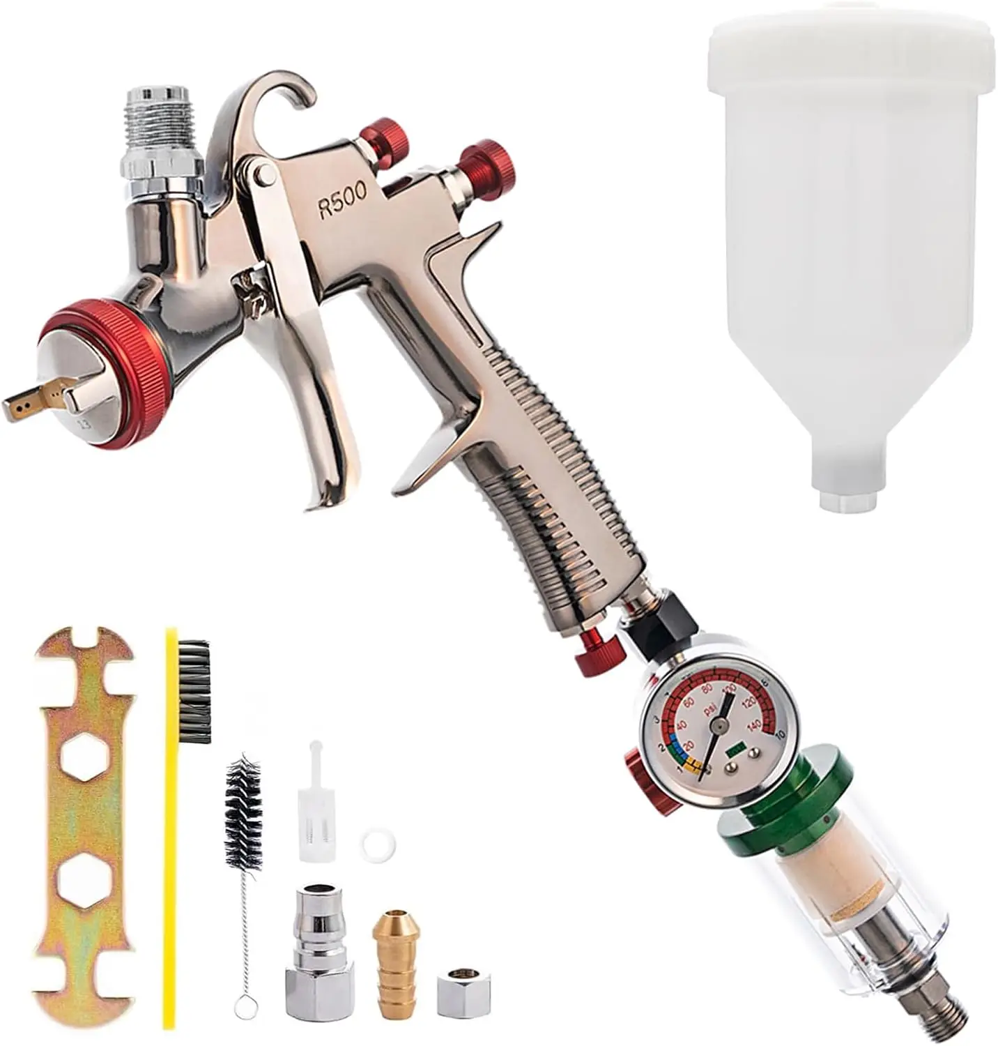 

LVLP Spray Gun with 1.3mm Nozzle, Pressure Regulator & Oil-Water Separator for Automotive Painting