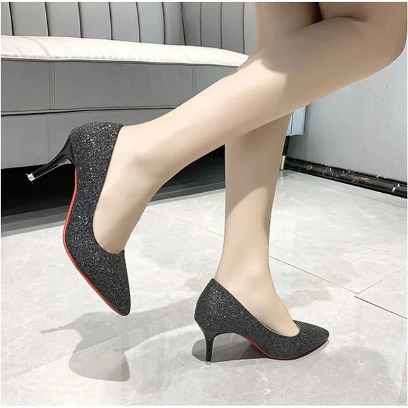 Super High Heels Women\'s Shiny Sequins Pointed Thin Heels Office Party Shoes Women\'s Plus Size 35-45