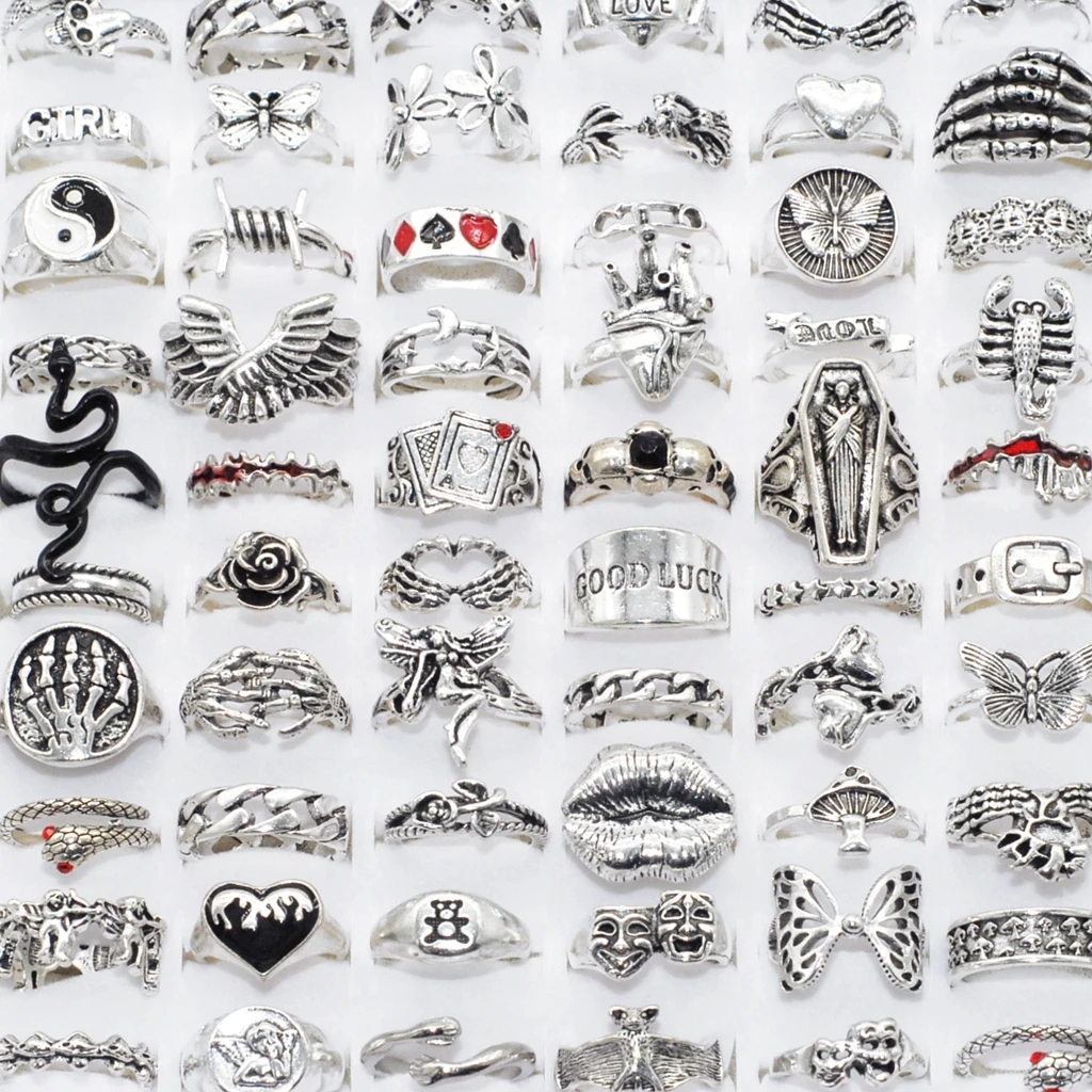 10/20/30/50/100pcs Lot Mix Design Punk Gothic Vintage Rings Men Women Antique Silver Plated Metal Animal Skull Lip Party Jewelry