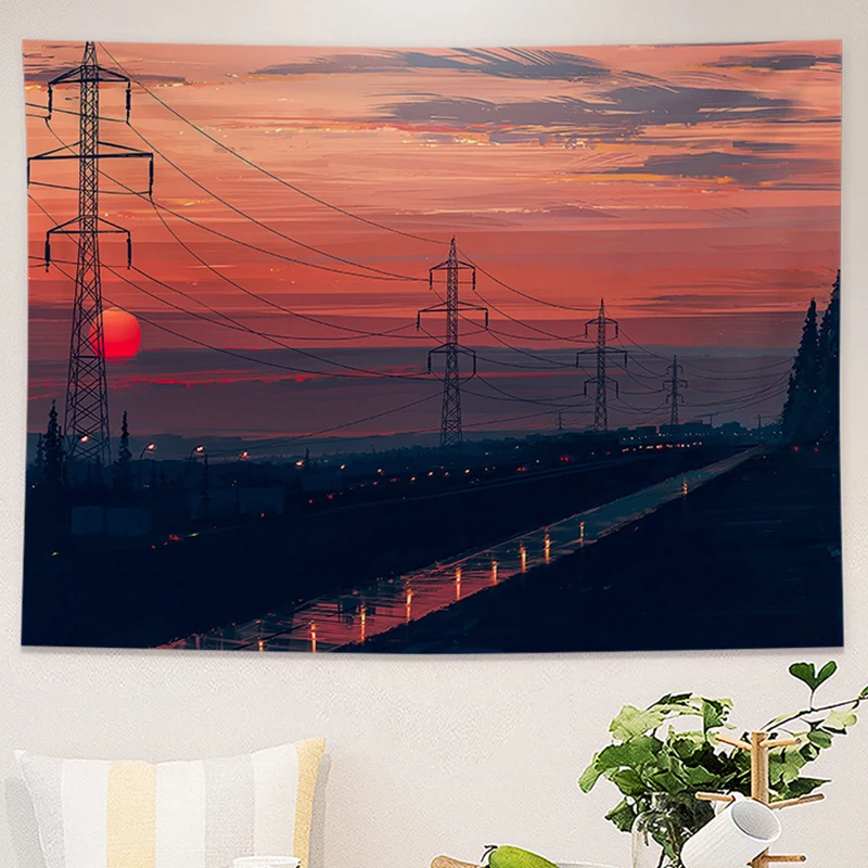 Evening Landscape Tapestry Night Sky Sunset Wall Hanging Cloth Rural Road Scenery Home Bedroom Decor Wall Blanket Tapestries