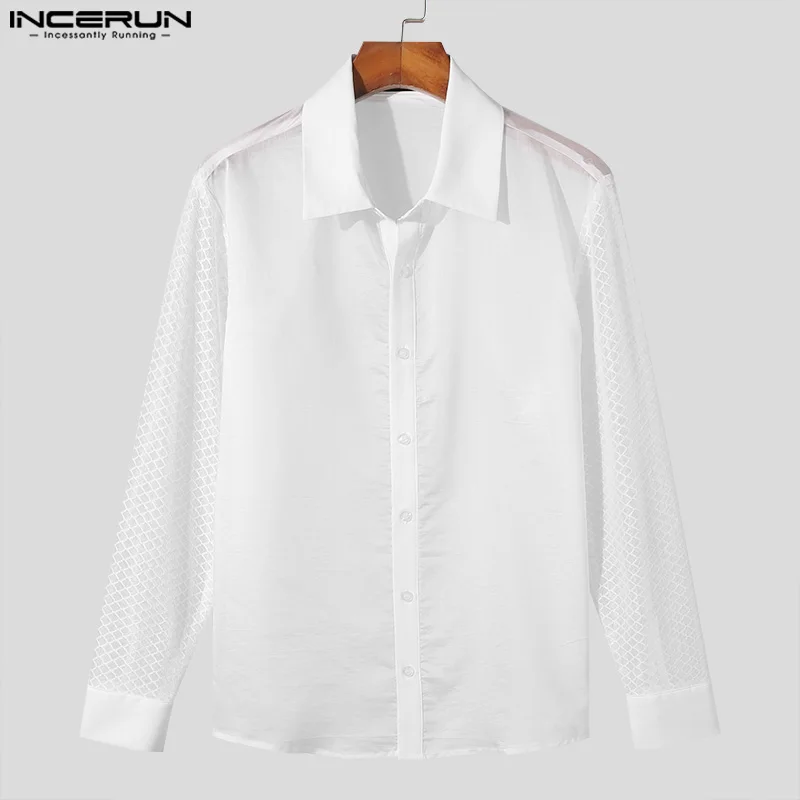 INCERUN Tops 2024 American Style Fashion Men\'s Mesh Splicing Hollow Slightly Transparent Shirts Casual Long Sleeved Blouse S-5XL