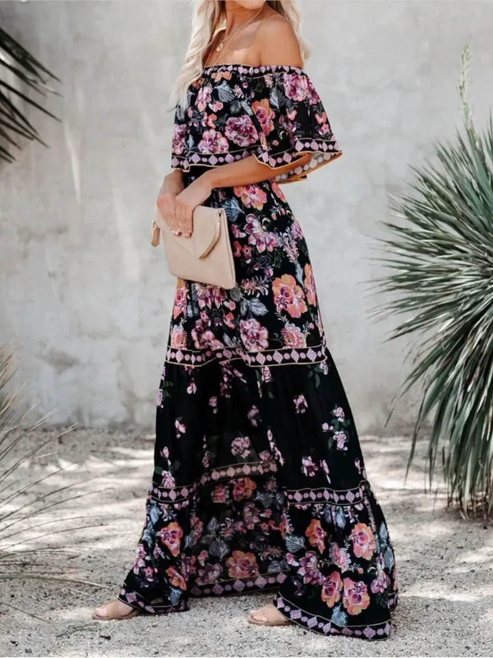 Vestidos largos con hombros descubiertos y estampado de flores para mujer Primavera Verano nueva moda temperamento cintura alta vestido Leace-up Vestidos femeninos