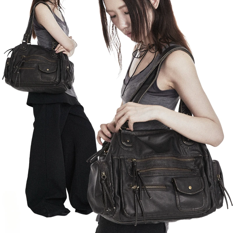 

Women's fashion retro Y2K hot girl motorcycle bag large capacity washed distressed shoulder messenger bag