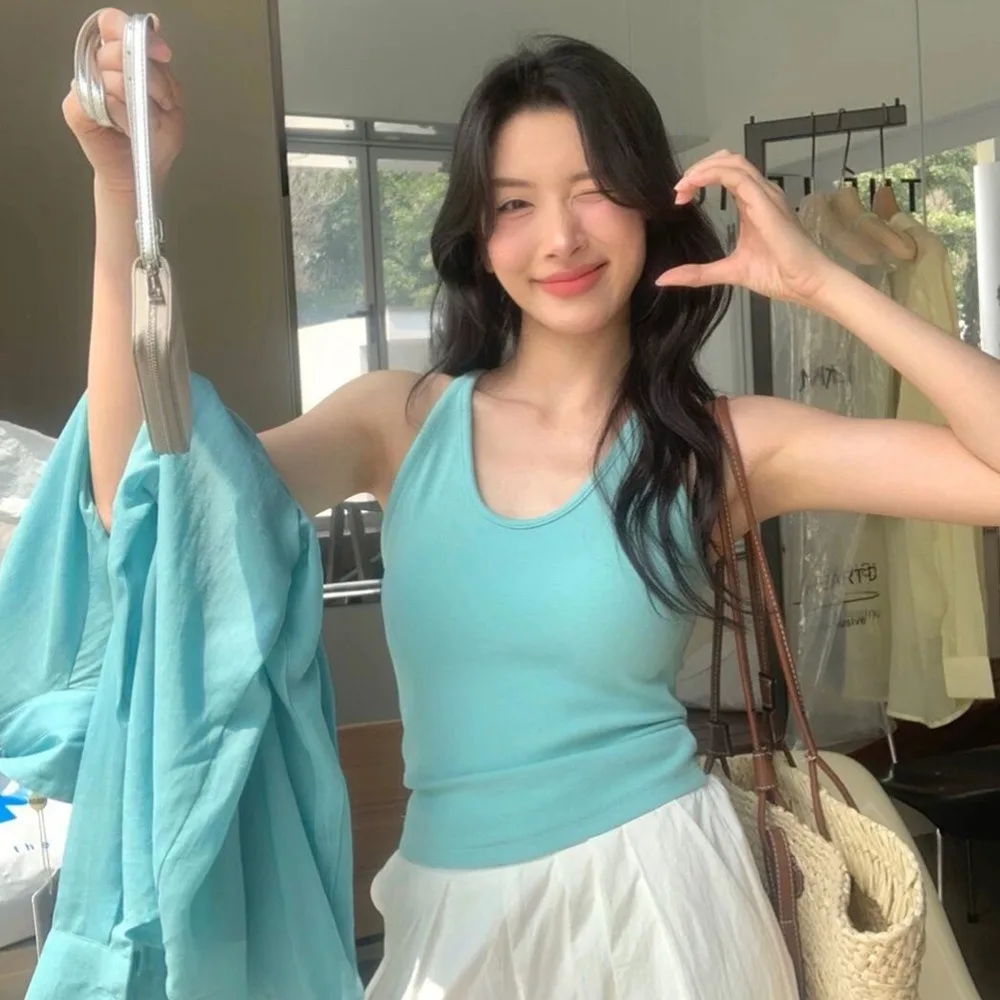 Korean Style with Chest Pad Strap Vest U-Neck Slimming Sleeveless Knit Solid Color Crop Top Summer