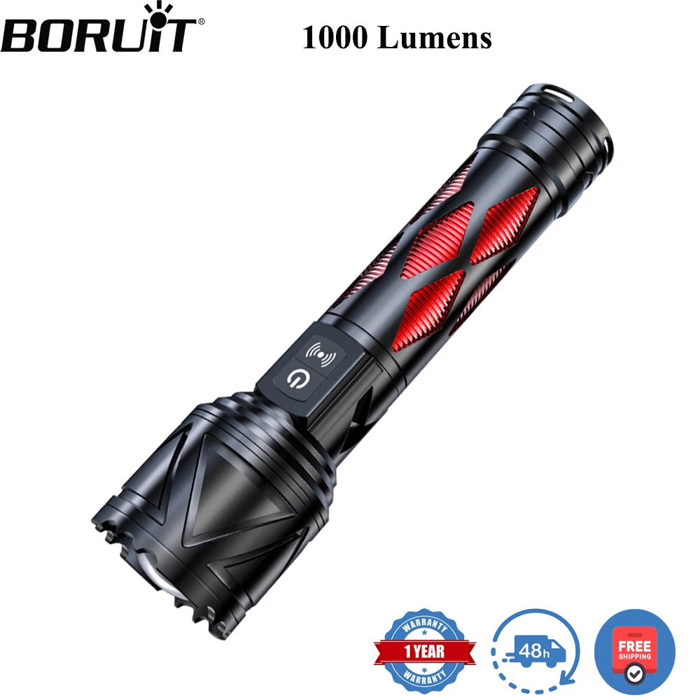 BORUiT 1000LM Long Range Zoomable LED Flashlight with 80DB Buzzer Type-C Rchargeable 26650 Battery Power Bank Torch Waterproof Home Emergency Camping Lantern