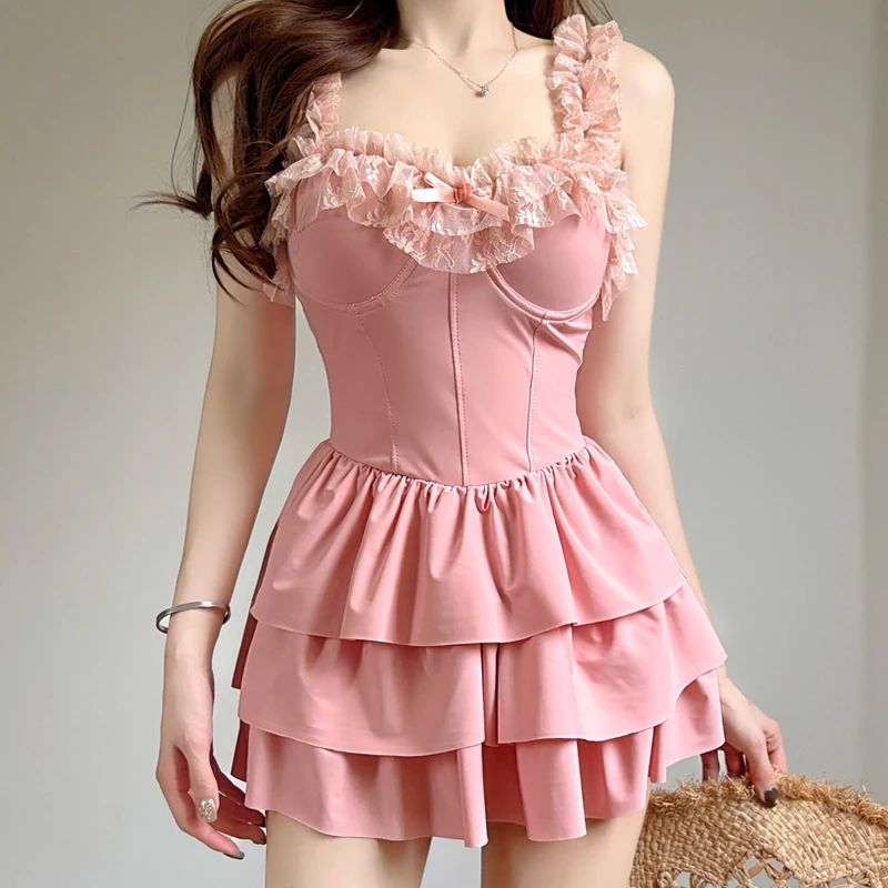 

One Piece Swimsuit Lace Dress Style Ruched Small Bust Support Conservative Slimming Cute For Young Women Resort Beach Hot Spring