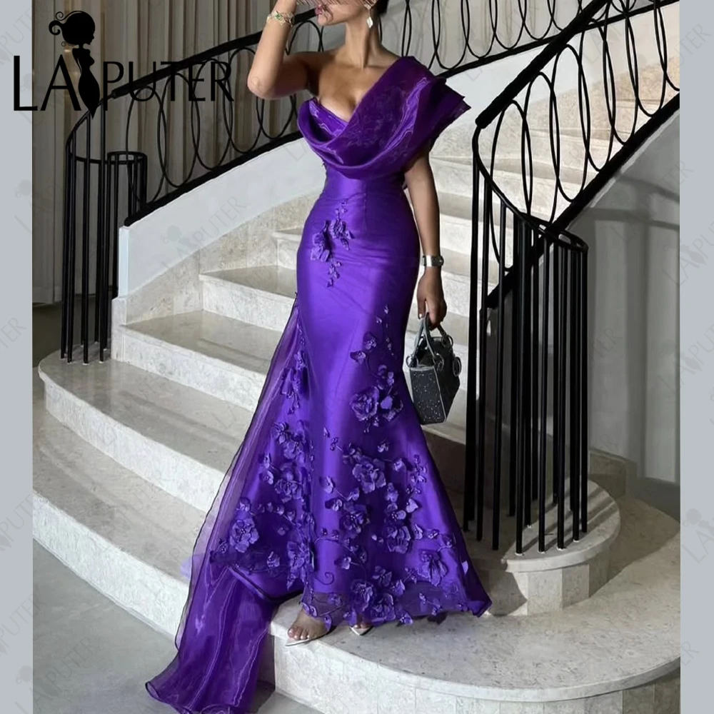 

Grape Lace Flowers Evening Dresses Organza Tail One Wide Shoulder Mermaid 2 in 1 Formal Dress for Woman 3D Flowers Prom Dress