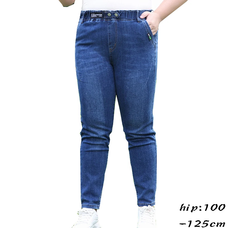 Jean denim élastique grande taille pour femme, tissu extensible, pantalon en coton mince, vêtements de printemps, bleu, noir, haute qualité, 2024