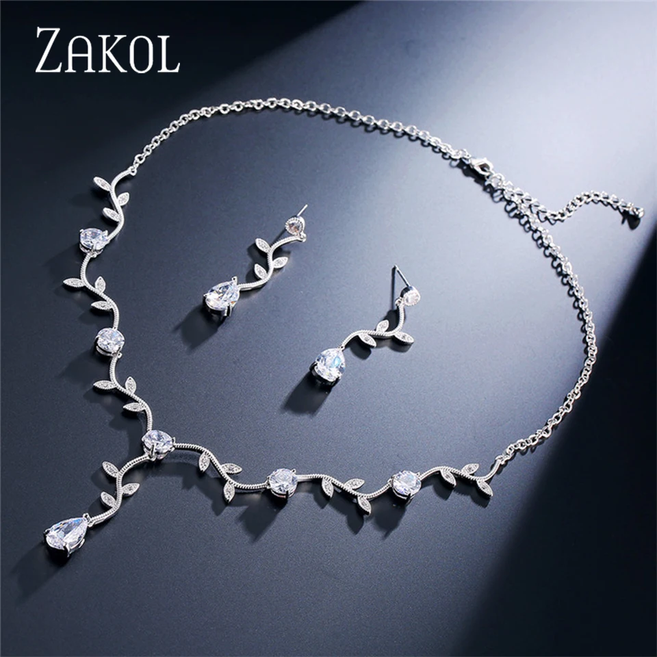 ZAKOL Classic Cubic Zirconia Crystal Bridal Jewelry Sets Elegant Leaf Shape Choker Water Drop Earrings Wedding Dress for Women